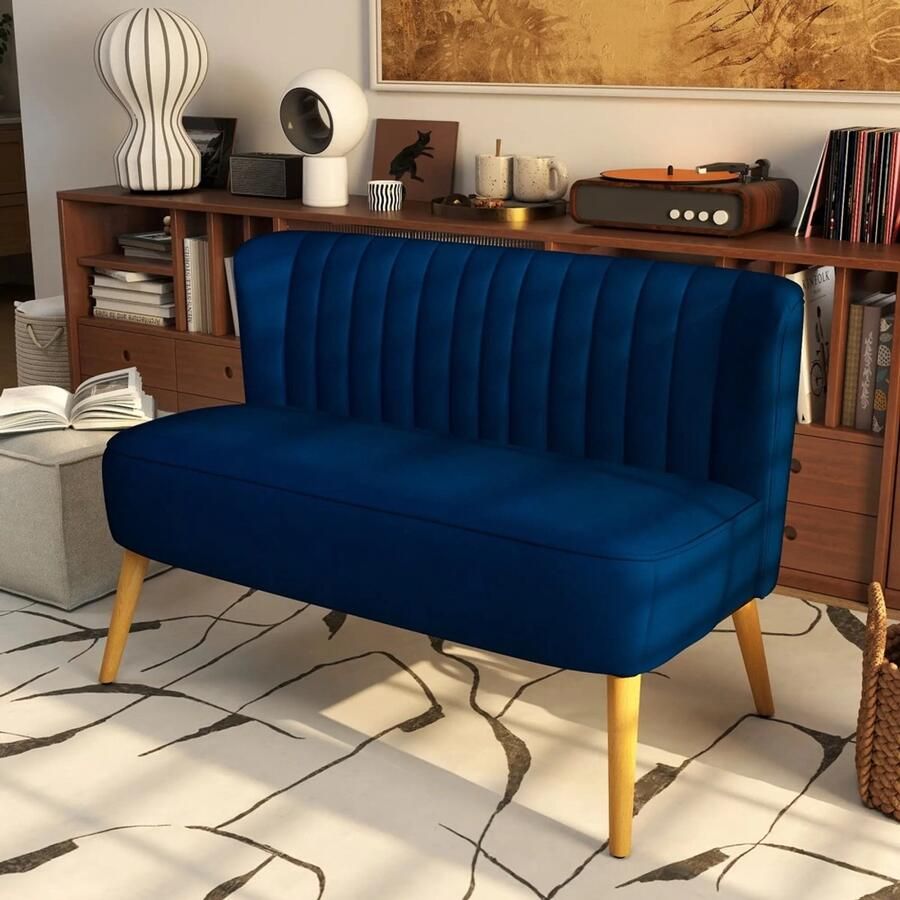 Sweiko 2-zits Bank Houten poten Velvet stof Schuimvulling Donkerblauw