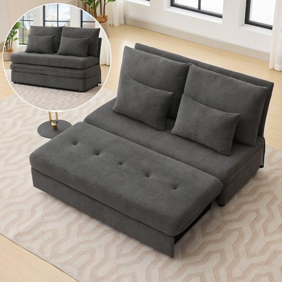 Sweiko 2 zits Bank Opklapbare slaapbank Chenille stof Dikke kussens Uittrekbare opbergbox Grijs