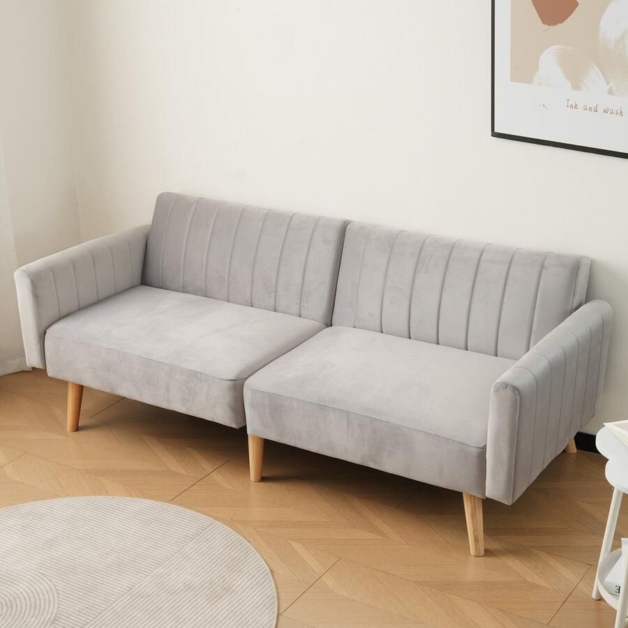 Sweiko 2-zits Bank Slaapbank Rubber hout poten Verstelbare rugleuning lichtgrijs