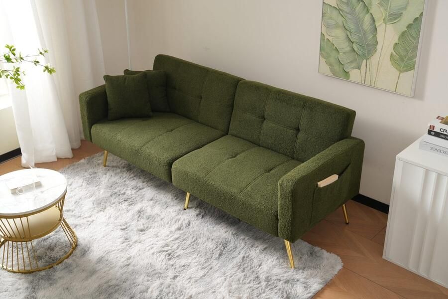 Sweiko 2-zits Bank Slaapbank Verstelbare rugleuning Gouden poten met Kussens Groen