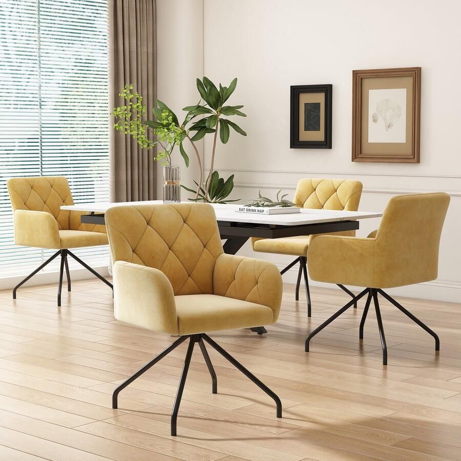 Sweiko 4-delige Eetkamerstoelen met diamantpatroon Gestoffeerde fauteuil met 4-metalen benen Moderne stoel voor woonkamer slaapkamer Werkkamer en bureau Spons en fluweel Geel