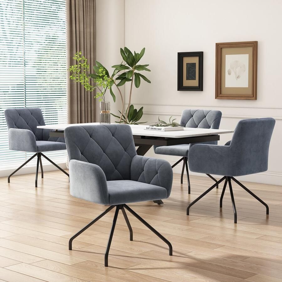 Sweiko 4-delige Eetkamerstoelen met diamantpatroon Gestoffeerde fauteuil met 4-metalen poten Moderne stoel Woonkamer stoel voor slaapkamer Lumbale ondersteuning fluweel Grijs
