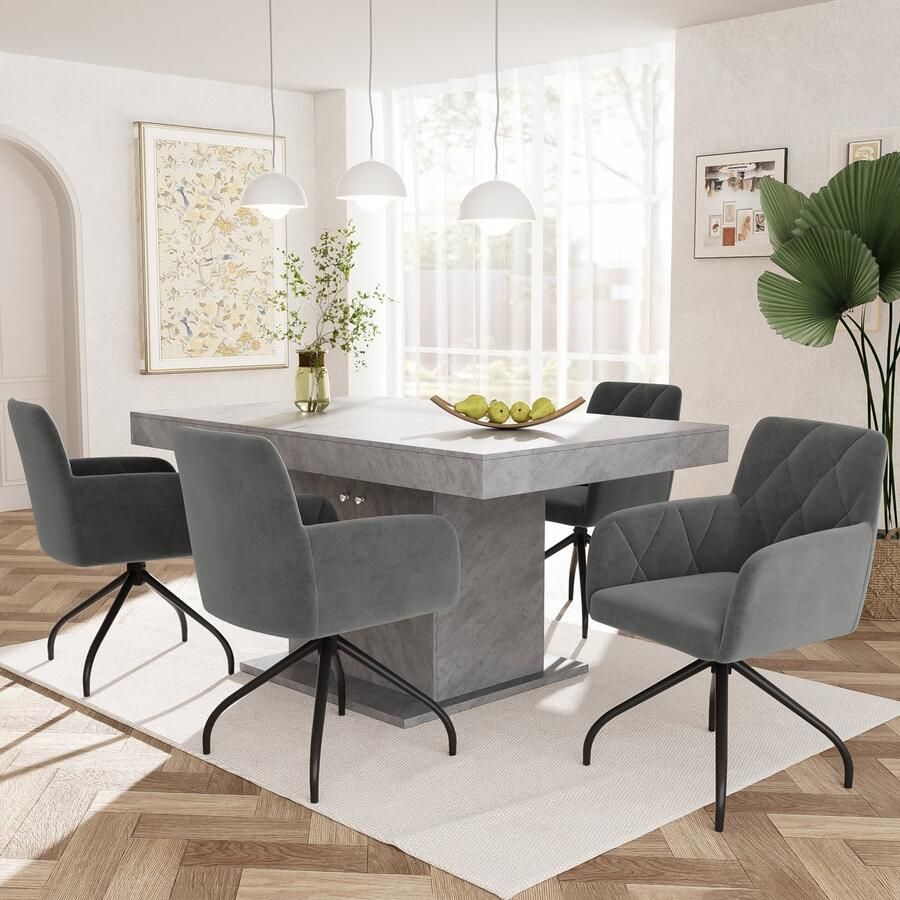 Sweiko 4-delige set van 360° Roterende Diamant Patroon Eetkamerstoelen Kussens Fauteuils met 4-metalen poten moderne vrijetijdsstoelen slaapkamer en woonkamer stoelen studio lendensteun fluweel Koolgrijs(excl. tafel)