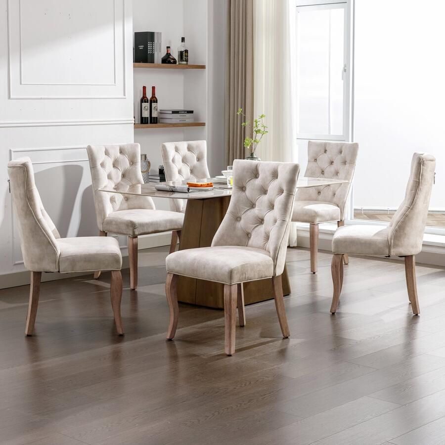Sweiko 4-pod Eetkamerstoelen (6-stuks)Licht Beige Fluwelen Eetkamerstoelen Hoge rugleuning knoopgestikt massief houten frame Licht Beige (geen tafel)