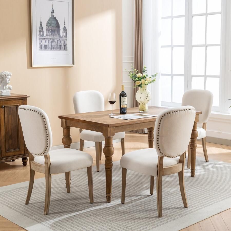 Sweiko 4 sets Eetkamerstoelen Koperspijker Versierde Rugleuning Zachte kussen stoelen Retro eetkamerstoelen massief houten poten verstelbare voorstoelen linnen stoelen Crème kleur (Geen tafel)
