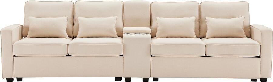 Sweiko 4-zitsbank in linnen stof met console 2 bekerhouders en 2 USB-poorten met armleuningzakken en 4 kussens moderne minimalistische stijl beige