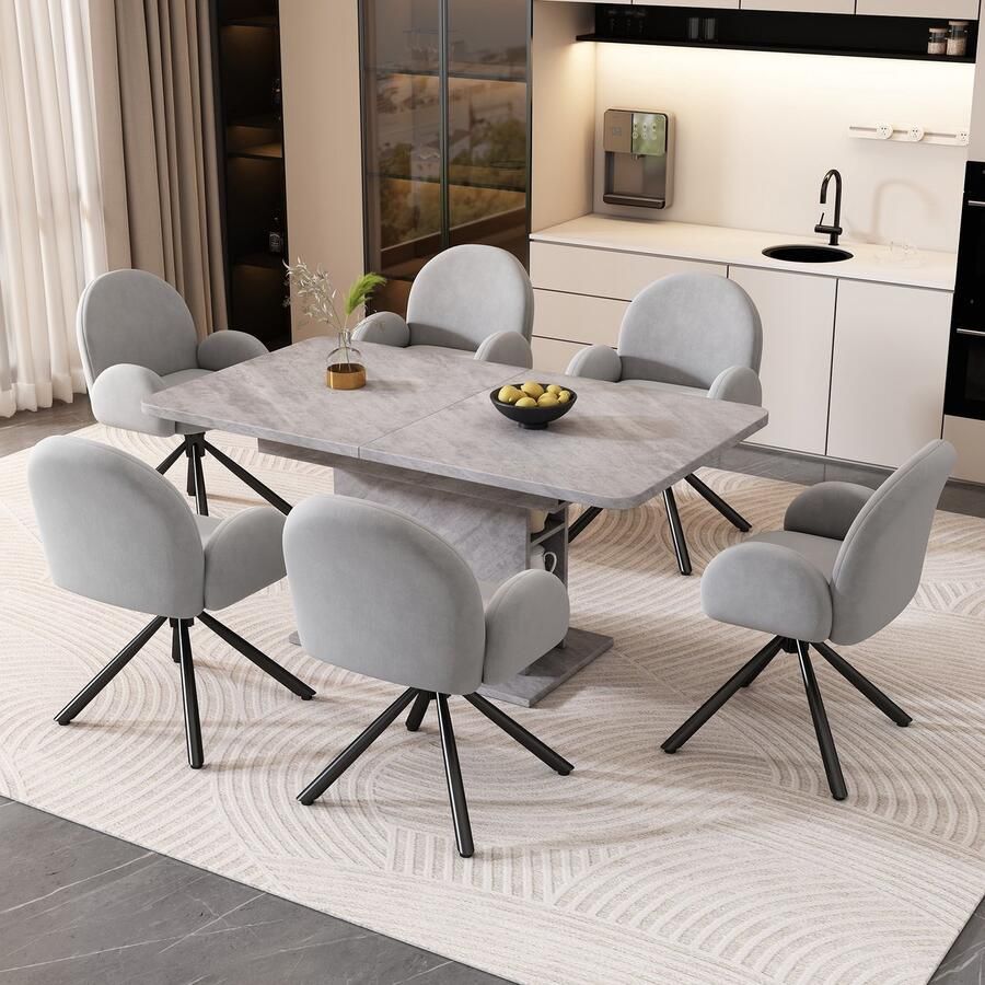 Sweiko 6-delige Set 360° Draaibare Eetkamerstoel Fluweel met Armleuningen Modern en eenvoudig Fauteuil Grijs