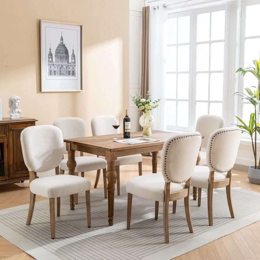 Sweiko 6 sets Eetkamerstoelen Koperspijker Versierde Rugleuning Zachte kussen stoelen Retro eetkamerstoelen massief houten poten verstelbare voorstoelen linnen stoelen Crème kleur (Geen tafel)