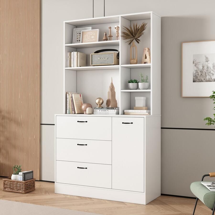 Sweiko 70 vitrinekast Bestekkast Zijkast Keukenpantry Buffetbestekkast met microgolfstandaard 4-laagse keukenkast met laden restaurantkast woonkamer kabinet Wit