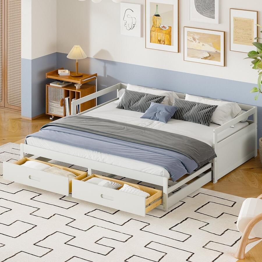 Sweiko 90 180x200cm Uitschuifbare Slaapbank Rekbaar met lade en platte noedelsvoet Dennenbed met opbergruimte Wit(Geen matras)