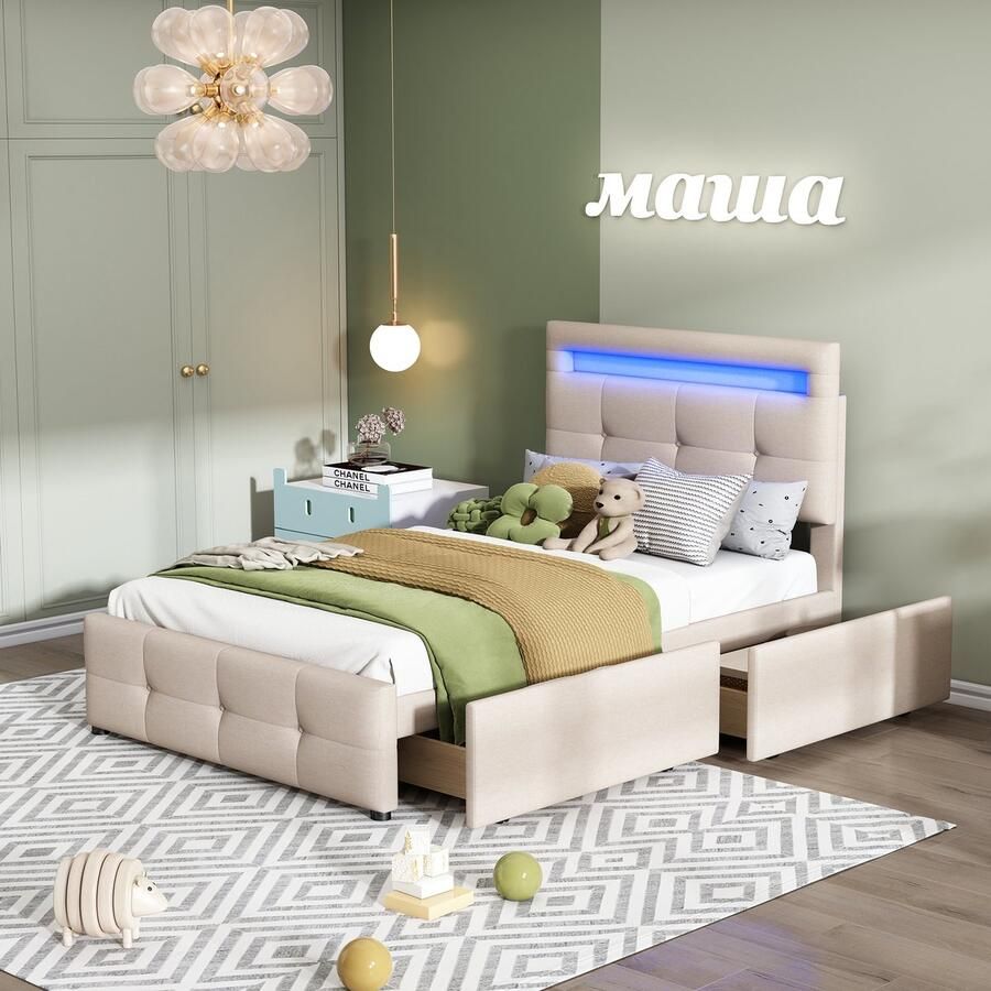 Sweiko 90*200cm Gewatteerd bed met LED Verlichting 2-laden Huidvriendelijk linnen gewatteerd plat eenpersoonsbed kinderbed jeugdbed gastenbed (Beige)