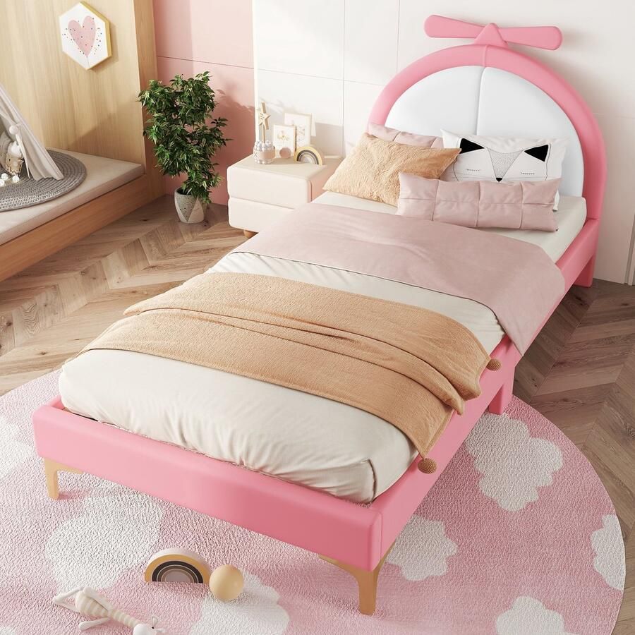 Sweiko 90*200cm Kinderbed Eenpersoonsbed Gestoffeerd bed Comfortabele hoofdbordbekleding Lief meisjesbed Stijlvol en eenvoudig Roze