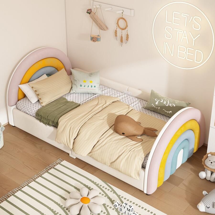 Sweiko 90*200cm Kinderbed Gestoffeerd bed Regenboogvorm Opklapbare lattenbodem Grote opbergruimte Regenboog