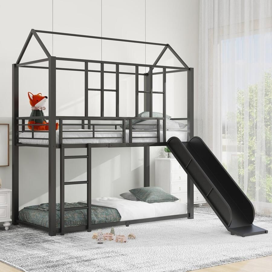 Sweiko 90*200cm Kinderbed Ijzeren frame bed Stapelbed Huis modellering Uitgerust met glijbaan Veilig en duurzaam Zwart