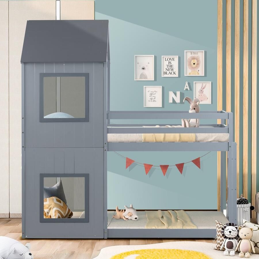 Sweiko 90*200cm kinderstapelbed huisbed tweepersoons gezinsbed met ladder grijs - Foto 2