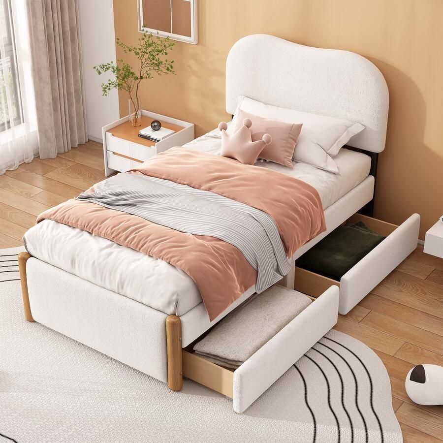 Sweiko 90*200cm Plat bed Gestoffeerd bed Kinderbed Wit hoofdeinde 2-laden links of rechts te monteren Minimalistische stijl Wit