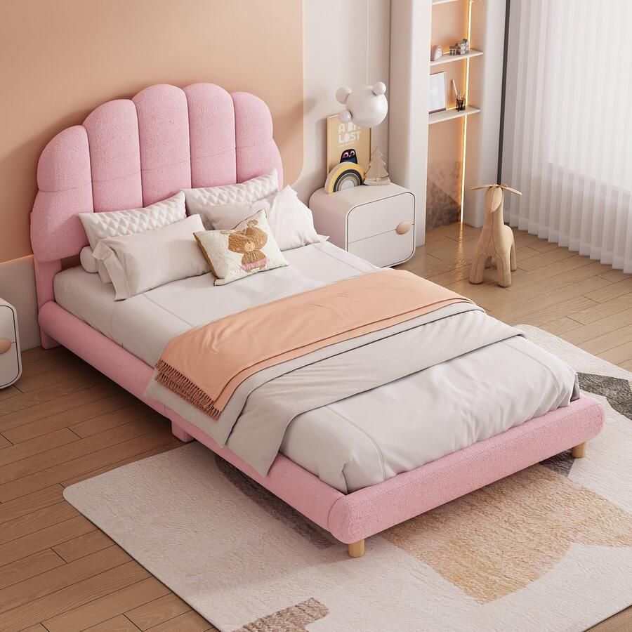 Sweiko 90*200cm Platbed Kinderbed Pluche Schattig hoofdbord Roze