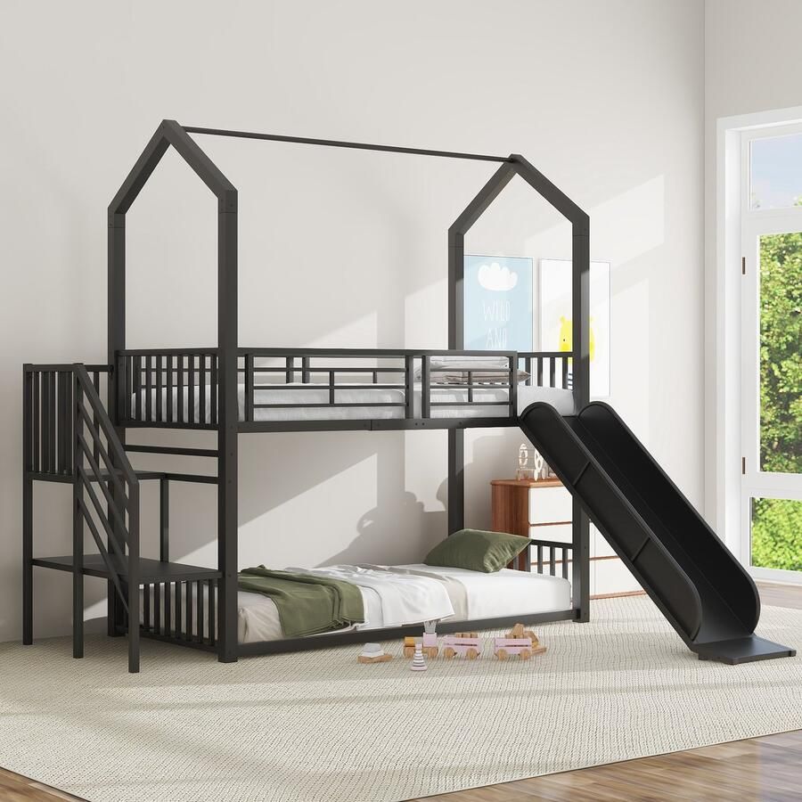 Sweiko 90*200cm Stapelbed Kinderbed Ijzeren frame bed met Glijdende trap Huis modellering Stabiel en betrouwbaar Zwart