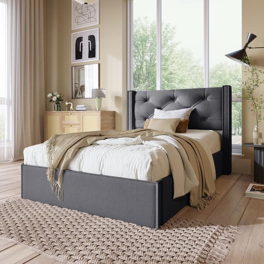 Sweiko 90x200cm Hydraulisch Eenpersoonsbed Kussen bed met metalen frame Vlak noedelsframe moderne bedplaats met opbergruimte katoen Grijs (geen matras)