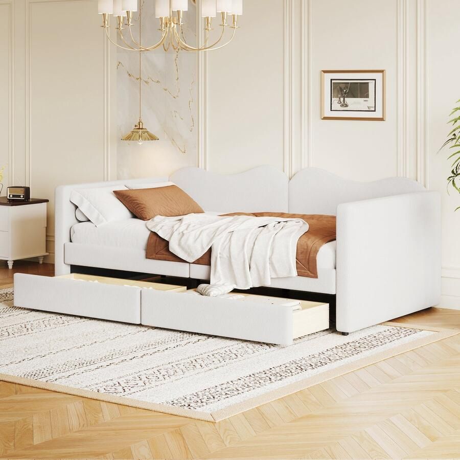 Sweiko 90x200cm Kinderbed Slaapbank met 2-laden Teddybeerbedframe Multifunctioneel zacht bed met rugleuning en armleuningen Wit jeugdbed (Ween matras)