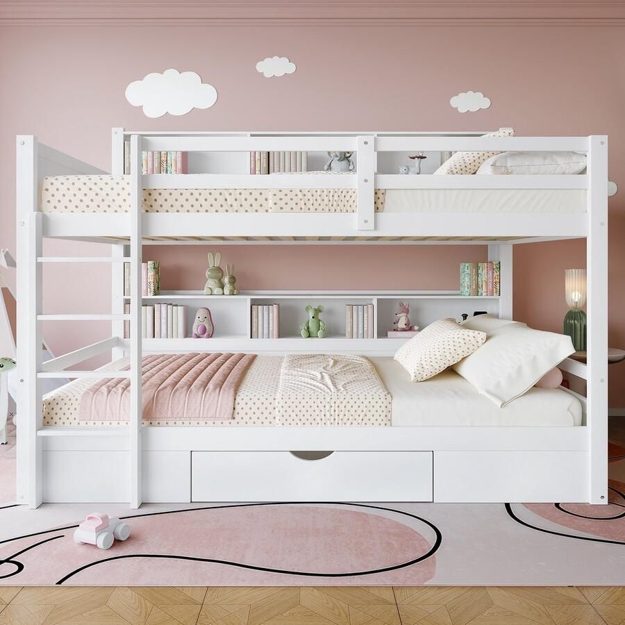 Sweiko 90x200cm Kinderbed Stapelbed met Laden met Opbergvakken Wit