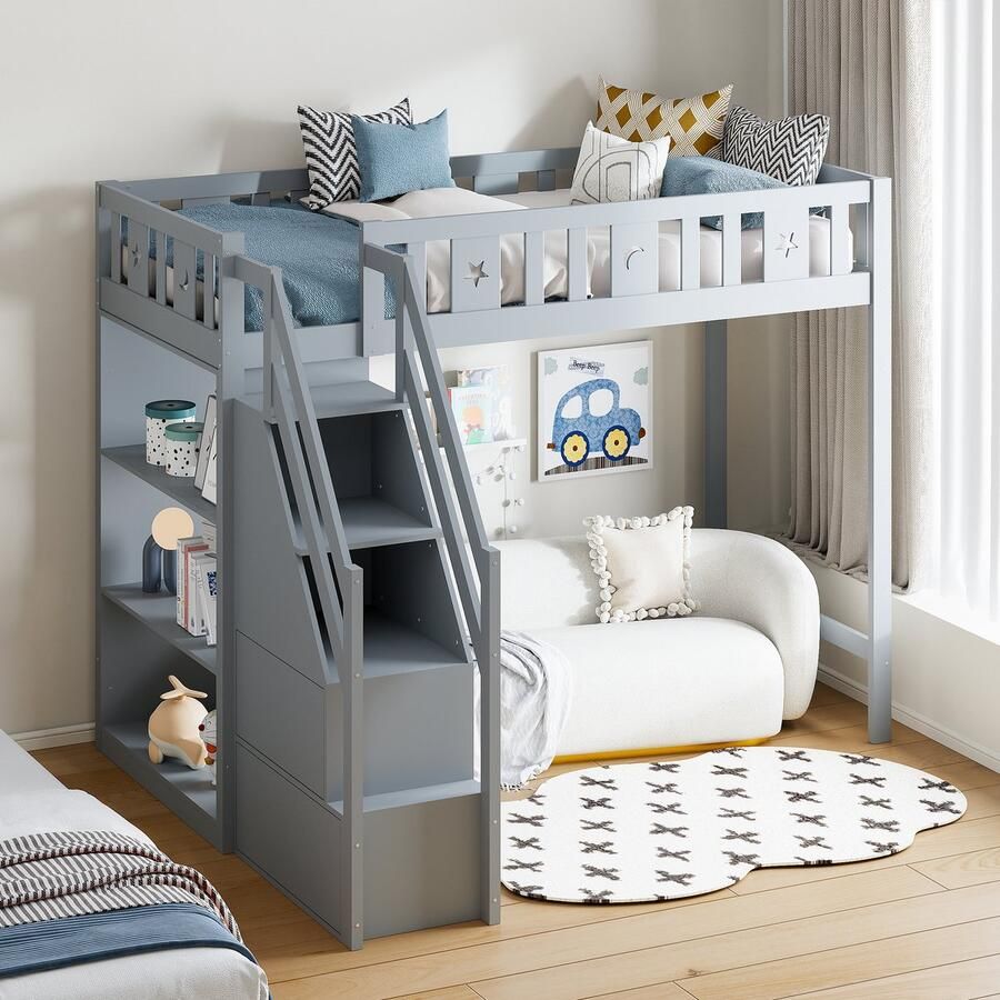 Sweiko 90x200cm Stapelbed met Opbergladder en Plank Eenpersoons Houten bed Jeugdbed babywieg Massief houten frame Grijs (Geen matras)