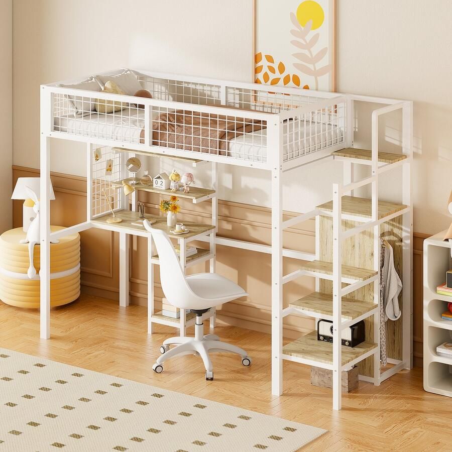 Sweiko 90x200cm Stapelbed Voor Kinderen met Veiligheidsladder Ijzeren Frame Kast en computer bureau babybedje met opbergruimte Wit(Geen matras)