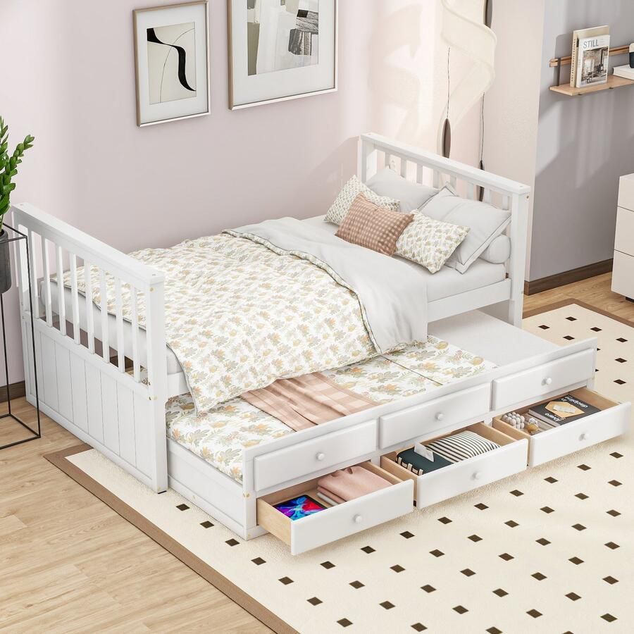 Sweiko 90x200cm(90x190cm) Eenpersoonsbedden Kinderbed Dagbed Massief houten bedden Eenpersoonsbedden met uitschuifbaar bed met 3 laden Wit