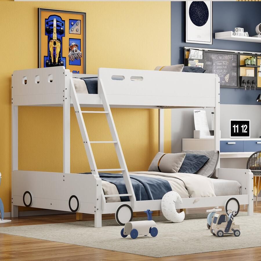 Sweiko Babywieg 90x200cm bed 140x200cm bed voor Kinderfamilie Stapelbed massief houten frame autovormig Wit