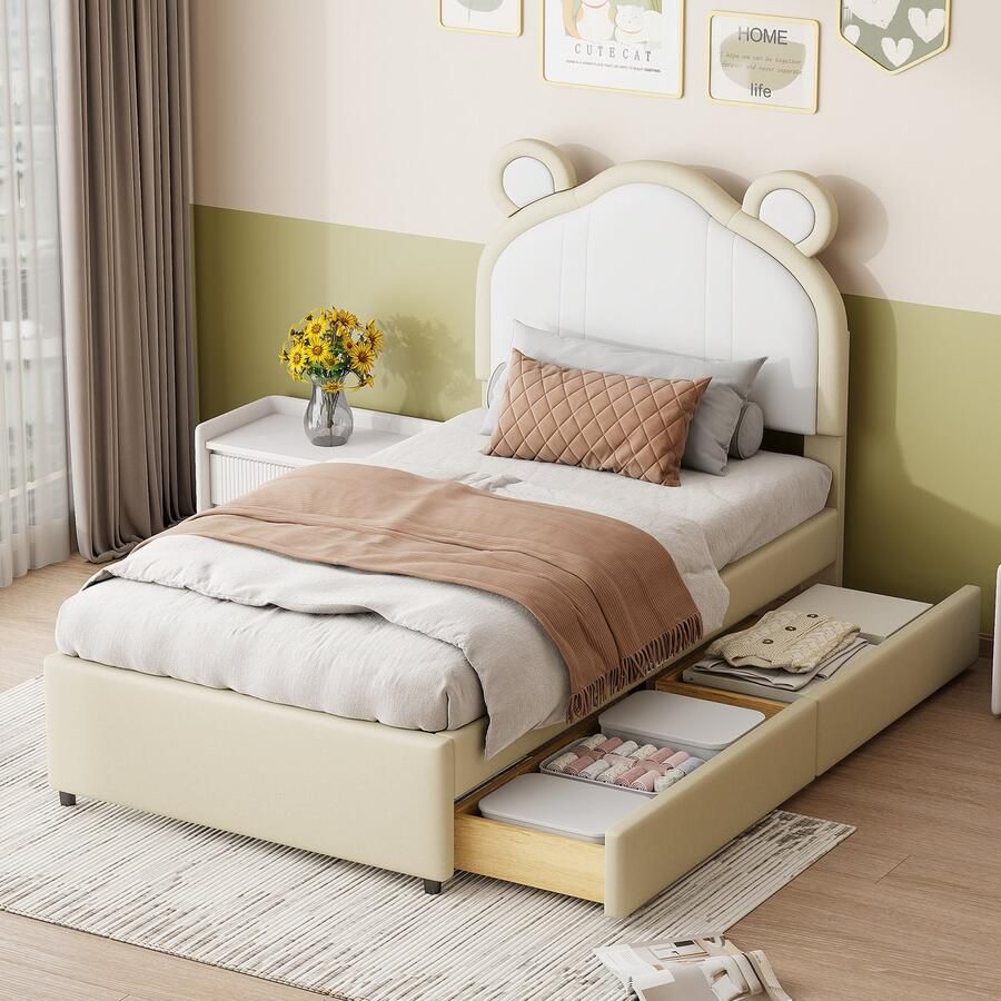 Sweiko Babywieg met zacht Kussen 90x200 cm Tweekleurige stiksels aan het hoofd van het bed Schattige oorvorm opbergdoos eenpersoonsbed voor mannen en vrouwen kunstlederen stof Beige (zonder matras)