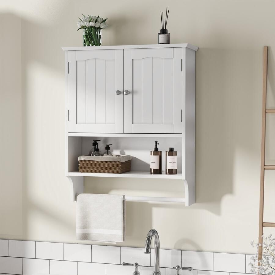 Sweiko Badkamerkast Wandkast Met handdoekenrek 2 verstelbare planken Medicijnkastje Wit