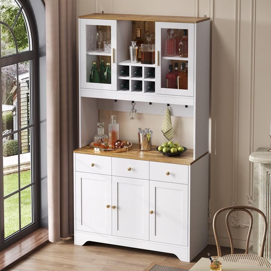 Sweiko Bakkerskast Sideboard 3 lades Opbergrek Wijnrek 5 haken Wit