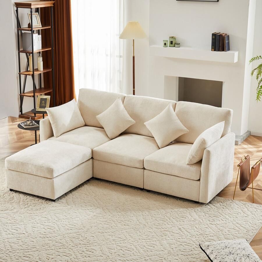 Sweiko Chenille stoffen bank 3 4 zits sofa L-vormige hoekbank met poef modern ontwerp beige