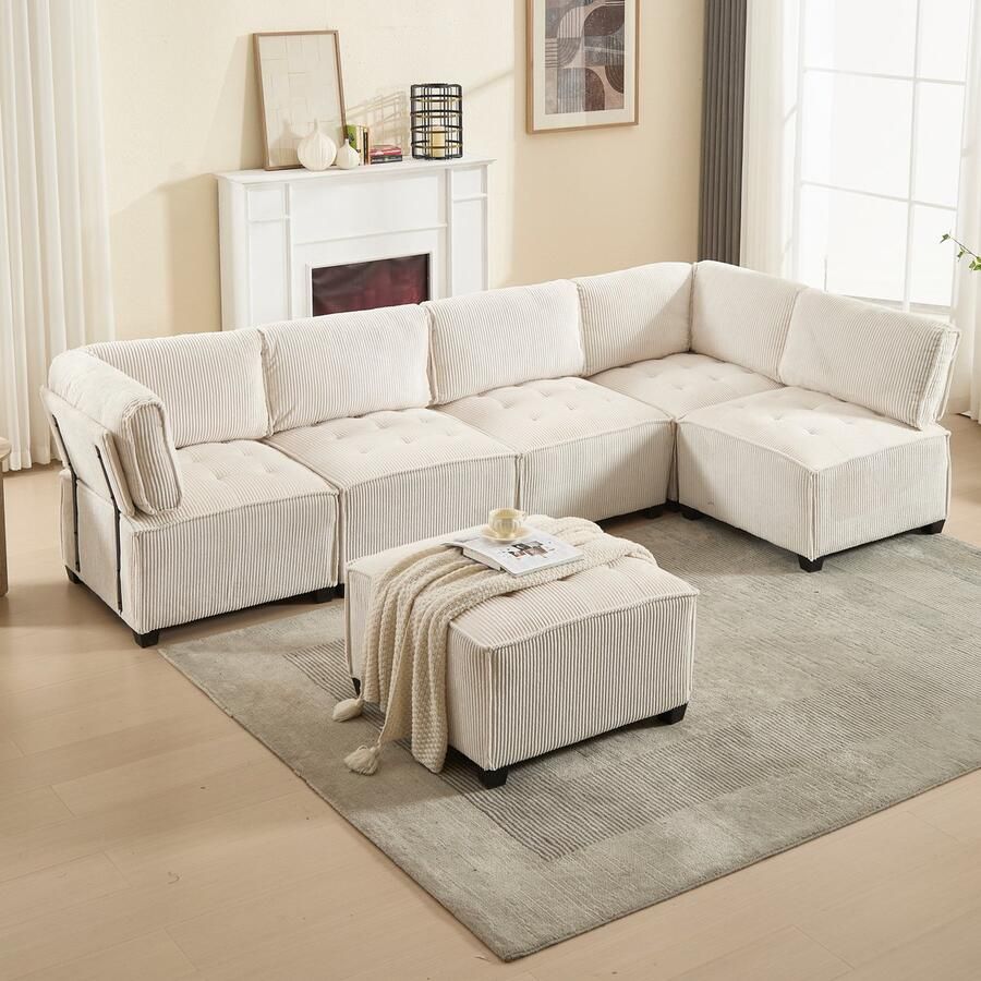 Sweiko Bank Modulaire 6-zits bank Corduroy U-vorm L-vorm Slaapbank Beige