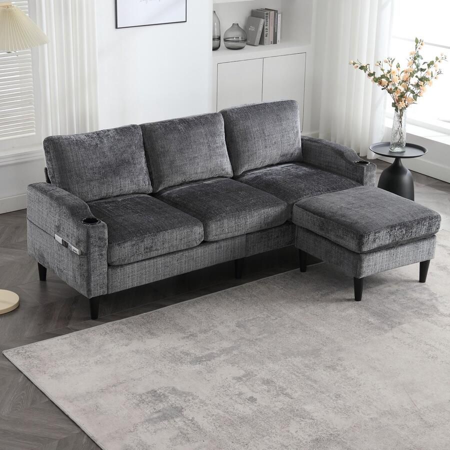 Sweiko Bank Opbergruimte 4-zits bank Met hocker Bekerhouder Velvet Grijs