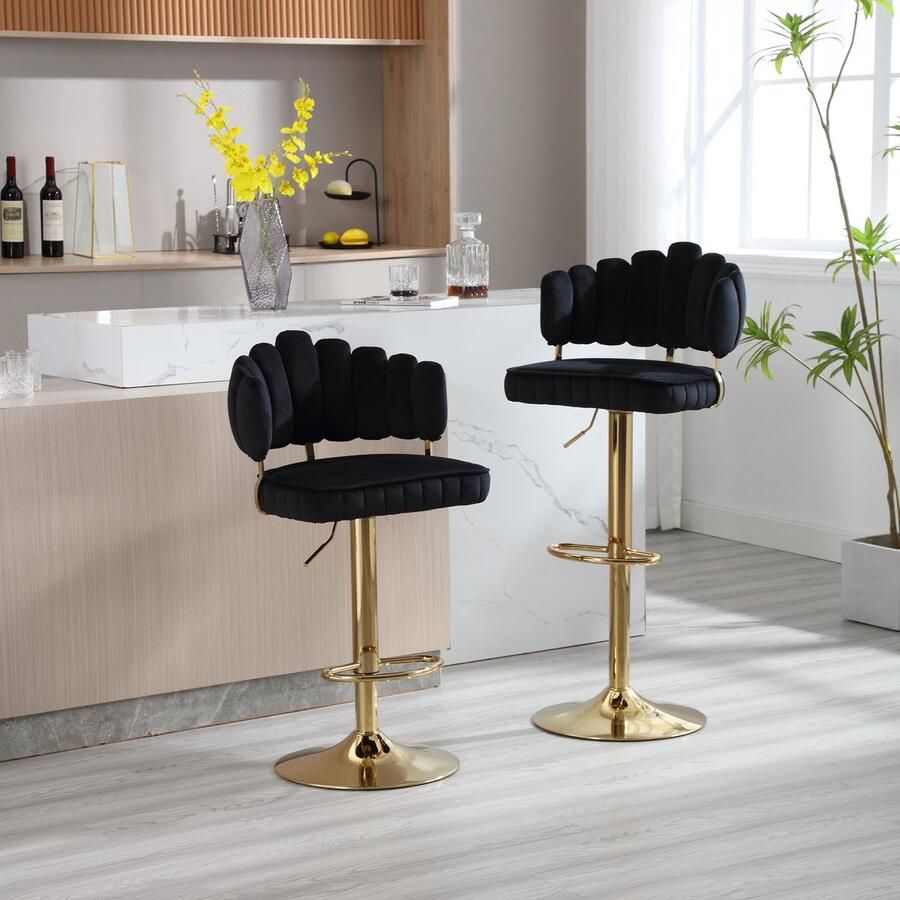 Sweiko Barkruk 360° Draaibaar set 2 Verstelbare Aanrechthoogte Stoelen met voetenbanken Zwart voor keuken en restaurant draaibare barkrukken