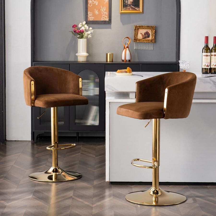 Sweiko Barkruk Set van 2 Draaibaar Verstelbare zithoogte Metalen onderstel Bruin