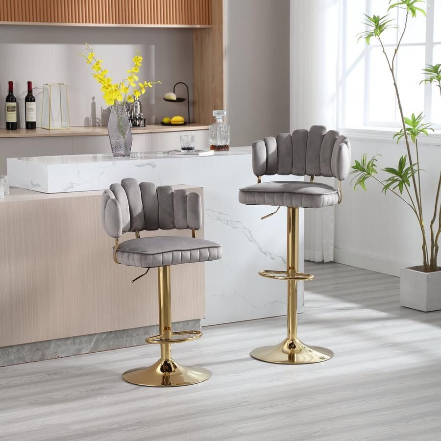 Sweiko Barstoel 360° Draaibaar set van 2 Verstelbare hoogte stoel met voetenbank Grijs fluwelen stof geschikt voor keuken en restaurant