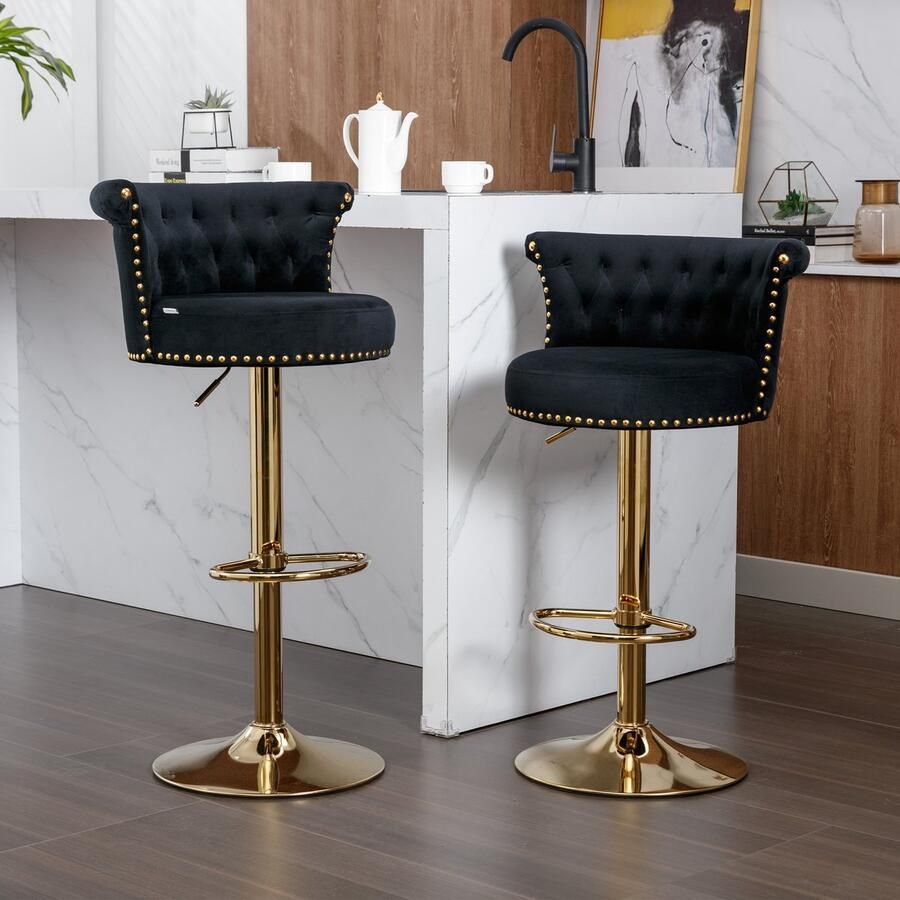 Sweiko Barstoel Barkruk Draaibaar 2-delige set 360° Rotatie Verstelbare Rechthoekige stoel met voetenbank Zwart keuken en restaurant draaibaar