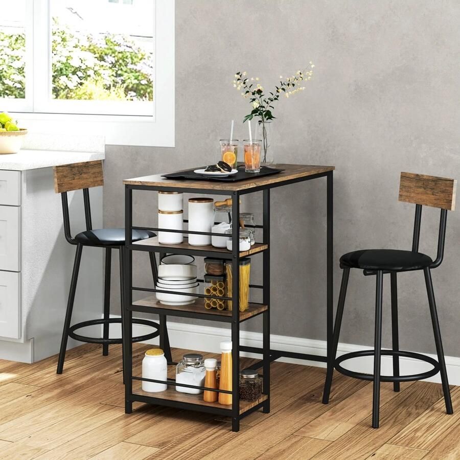 Sweiko Bartafel set 3-delig Tafel + 2 stoel 3 plank MDF + metalen frame Zwart + bruin