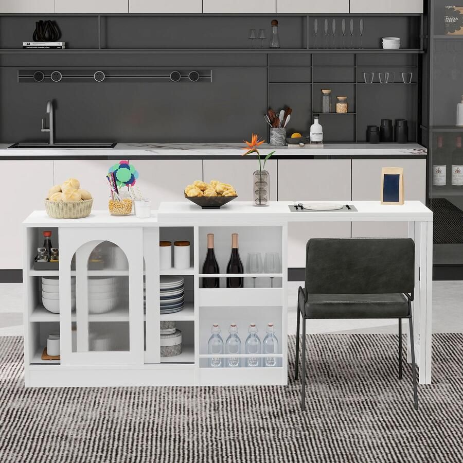 Sweiko Bartafel Uitschuifbaar 360° draaibaar Met opbergruimte Glazen deuren Wit