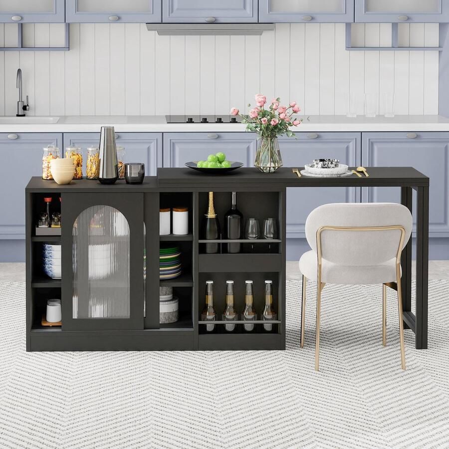 Sweiko Bartafel Uitschuifbaar 360° draaibaar Met opbergruimte Glazen deuren Zwart