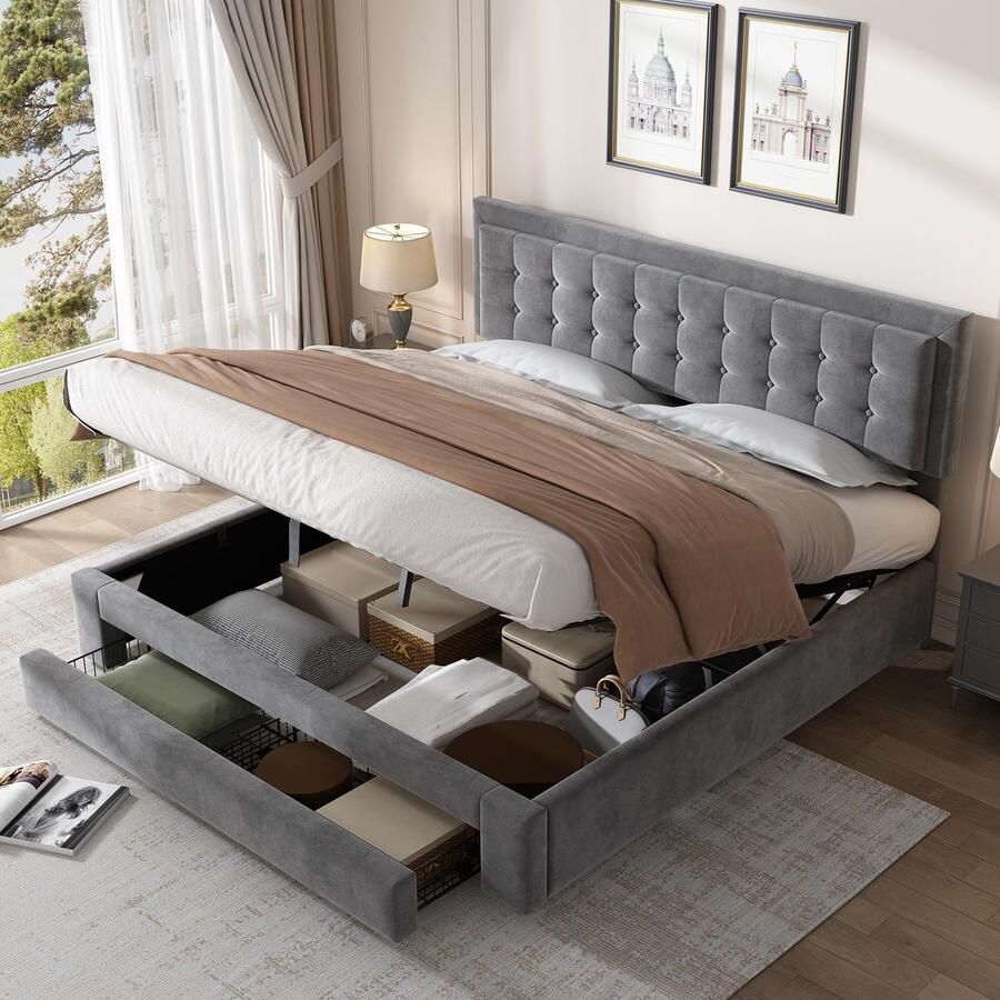 Sweiko Bed met lade fluwelen stof kussenbed Vlak noedelsframe tweepersoonsbed grote bergruimte 180 x 200cm grijs