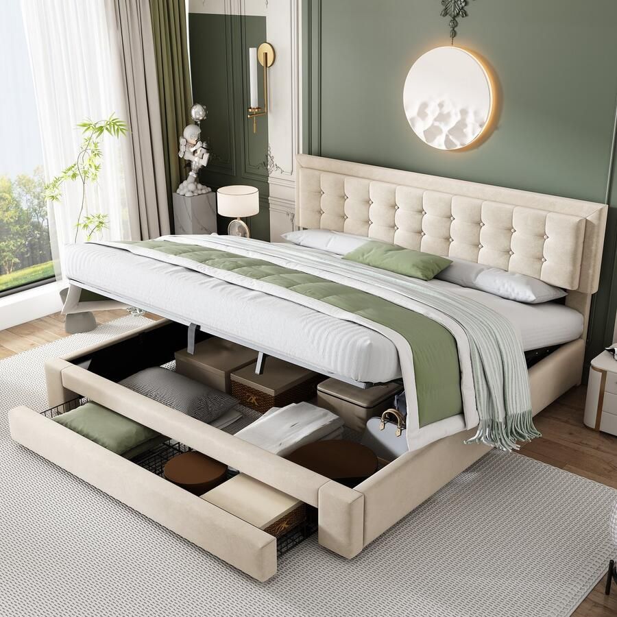 Sweiko Bed met lades fluwelen stof gestoffeerd bed lattenbod tweepersoonsbed grote opbergruimte 160 x 200 beige