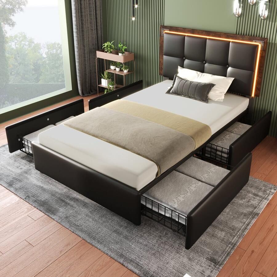 Sweiko Bedframe met LED Lichtstrip en 4-lades Eenpersoonsbed Kussen 90x200cm in hoogte verstelbaar hoofdeinde functioneel bed PU Zwart (Geen matras)