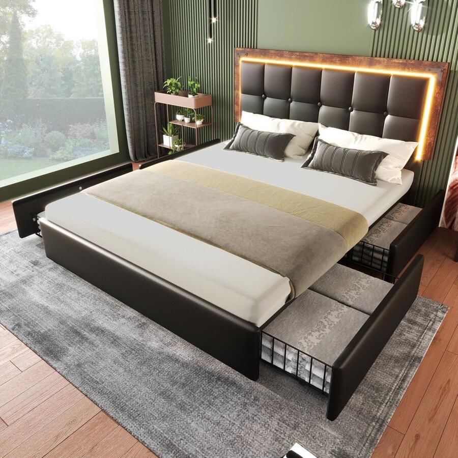 Sweiko Bedframe met LED Lichtstrip en 4-lades Kussen 160x200cm in hoogte verstelbaar hoofdeinde functioneel bed PU Zwart (Geen matras)