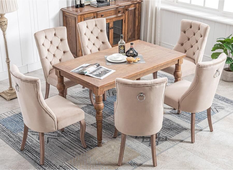 Sweiko Beige Fluweel Hoge Rugleuning Eetkamerstoelen Set van 6 Solid Wood Frame Knop Quilting Chic Stijl Stabiele Structuur Meerdere gebruiksscenario's Gemakkelijk te bouwen Ergonomische 4-Legged Stoel