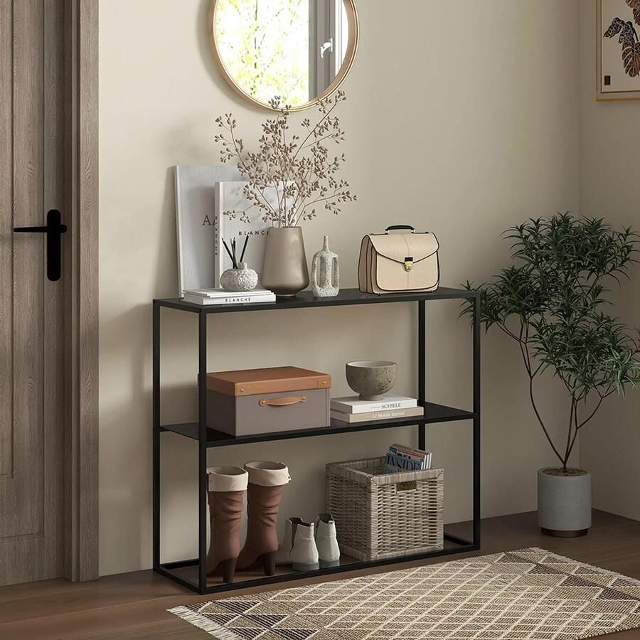 Sweiko Bijzettafel Haltafel 2 planken Staal 90 x 30 x 75 cm Zwart