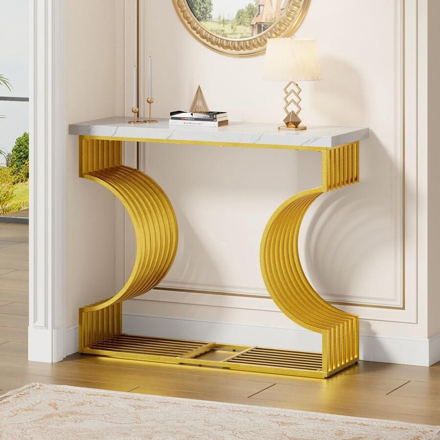 Sweiko Bijzettafel Hoogglans Opbergtafel Gouden voet Marmerlook Wit