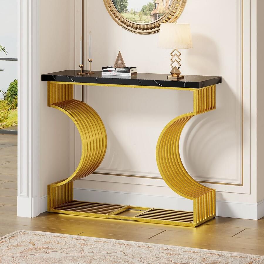 Sweiko Bijzettafel Hoogglans Opbergtafel Gouden voet Marmerlook Zwart